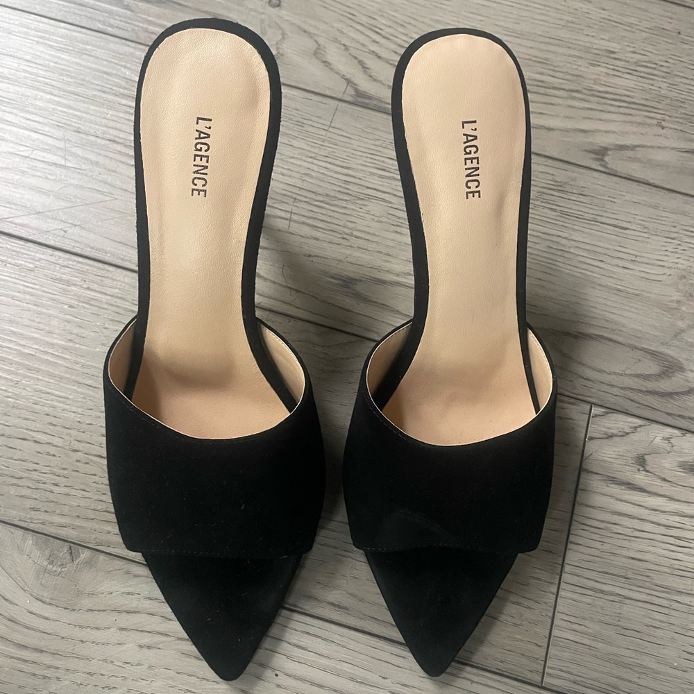 L'AGENCE Open-Toe Black Suede Mules Heels